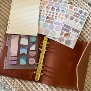 Brown Leather 6-Ring Planner Binder with Gold Hardware